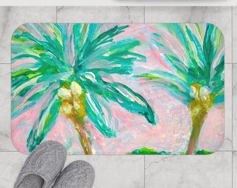 Tropical Paradise Bath Mat: Pink Sky Green Palm Trees Non-Slip Rug for Bathroom, Kitchen, Shower.                        Soft Absorbent Mat