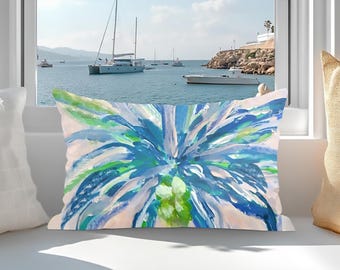 Tropical Blue Palm Leaf Lumbar Pillow: Hand-Painted Brushstroke Indoor Outdoor Cushion for Back Support. Coastal Home Accent Decor 20'x 14"