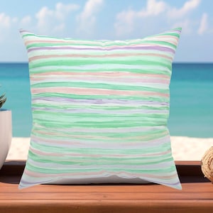 Green Pastel Coastal Watercolor Striped Throw Pillow with Insert - Beach House Decor, Soft Stripes. Hidden Zipper. XL Size Canvas Cushion
