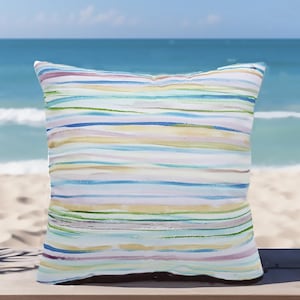 Modern Coastal Pillow with Ocean Wave Watercolor Blue Green Stripes on Sofa Pillow -Beach Decor Square XL Cushion with Insert New Home Gift