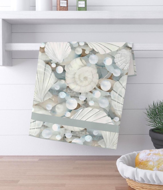 White Seashell Tea and Kitchen Towel: Coastal Nautical Ocean Decor on Cotton or Poly Towel Decorative Sea Style