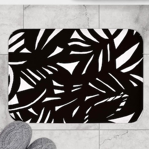 Monochrome Black Leaf Print Bath Mat Elegant Nature-Inspired Bathroom Rug for Modern Decor. Leaf Pattern Bathroom Rug Anti Slip Floor Mat