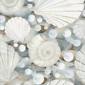 May include: A fabric pattern featuring a repeating illustration of white seashells and smooth, rounded gray stones interspersed with translucent white bubbles. The design includes various spiral and fan-shaped shells arranged in a dense, layered composition.