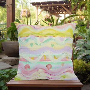 Yellow Pink Coastal Pastel Striped Square Throw Pillow with Insert - Whimsical Beach House Accent Decor. Colorful Cottage Style Home Pillow