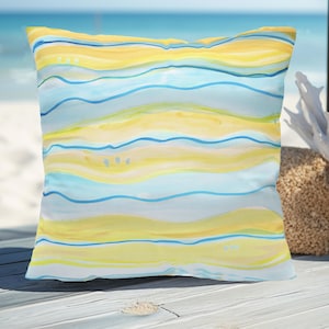 Blue Yellow Watercolor Wave Pastel Throw Pillow Beach Inspired Coastal Cushion for Sofa, Couch, Porch Decor.  New Home Decor Gift