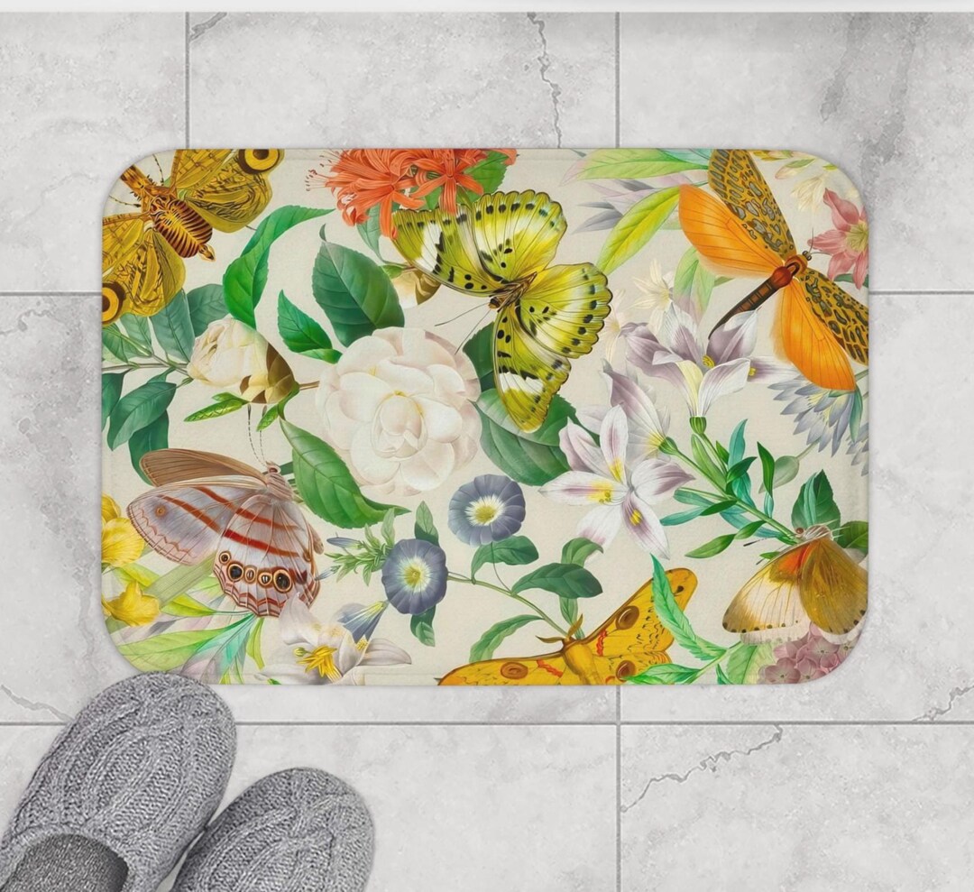 Naturestep Rug Butterfly Pretty Botanical Butterfly Garden Rug Non Slip Floral Farmhouse Bath ...