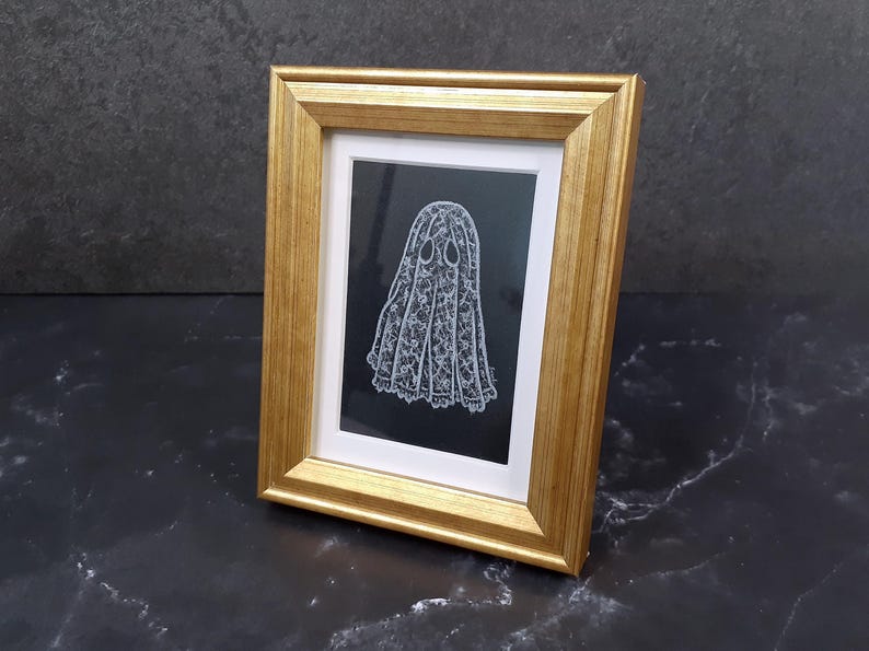 Little White Lace Ghost Drawing, Gold Framed Original Handmade Art