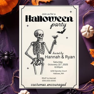 Modèle modifiable d&#39;invitation à une fête d&#39;Halloween | Invitation cocktail squelette rétro Téléchargement instantané | Modèle de toile Halloween Evite effrayant d&#39;automne