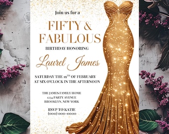 50th Birthday Invitation Template, Fifty & Fabulous Party Invite, Gold Glitter Dress Design, Editable Printable Download