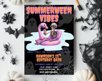 Edytowalny szablon zaproszenia urodzinowego Summerween | Szkieletowa impreza przy basenie Canva do pobrania | Upiorne zaproszenie na Halloween