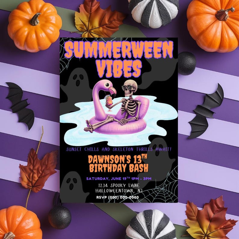Editable Summerween Birthday Invitation Template | Skeleton Pool Party ...