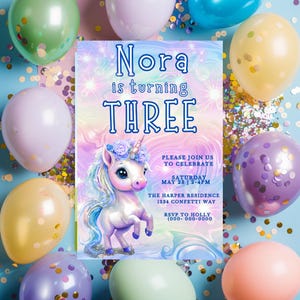 Invito di compleanno unicorno, invito arcobaleno pastello, modello stampabile per festa magica, modificabile, download digitale Canva Girl