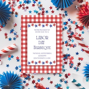 Editable Labor Day BBQ Invitation Canva Template | 4th of July Picnic Party Invite | Patriotic Red Gingham Instant Download