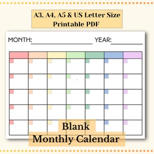 May include: A printable blank monthly calendar template in A3, A4, A5, and US Letter sizes. The calendar has a colorful header with red, orange, yellow, green, blue, and purple sections. The calendar grid is white with black lines.