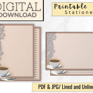Papelería imprimible con forma de taza de café / Papel digital para escribir con forma de grano de café / Tarjetas de felicitación en blanco / Descarga instantánea / Papel para diario de 8,5 x 11 en formato PDF