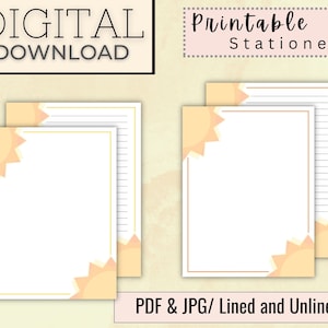 Papelería imprimible Sunshine / Tarjetas de felicitación en blanco con diseño de sol de verano / Papel de escritura digital brillante / Descarga instantánea / 8,5 x 11 PDF tamaño carta de EE. UU.