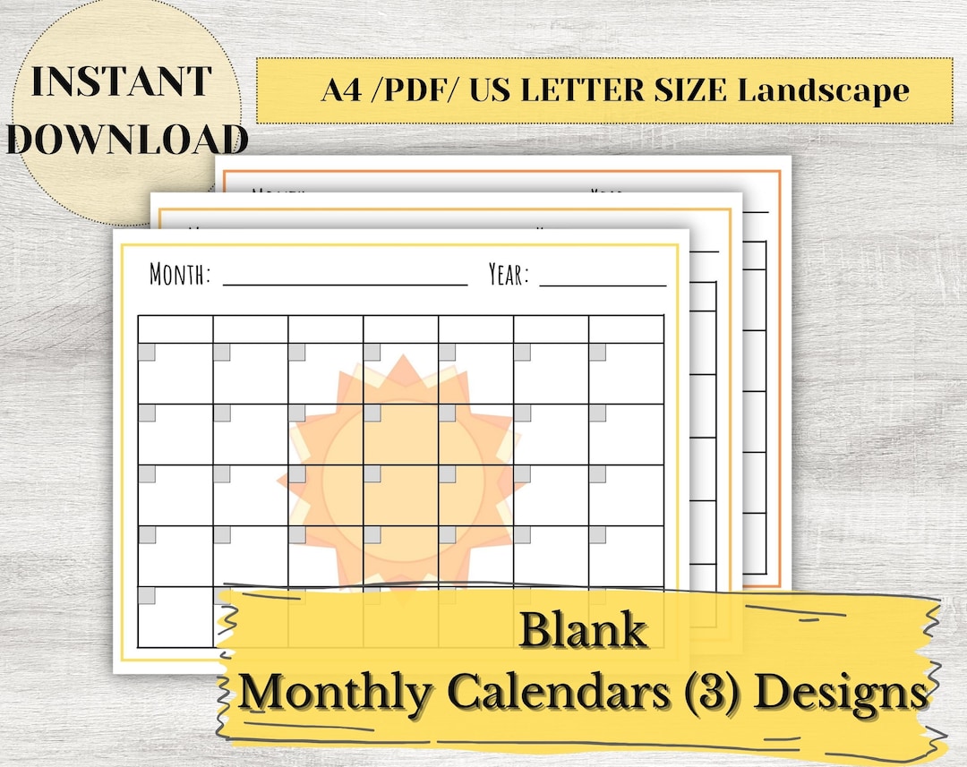 Blank Sun Calendar / Sunshine Monthly Unlined Printable / Minimalist ...