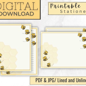 Papelería imprimible con diseño de abejas, panal y abejas, tarjeta de felicitación, papel de escritura digital amarillo, descarga instantánea, tamaño carta de EE. UU., 8,5 x 11, PDF
