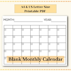 May include: A blank monthly calendar template in black and white. The calendar is printable in A4 and US Letter sizes. The text "Blank Monthly Calendar" is at the bottom of the calendar.