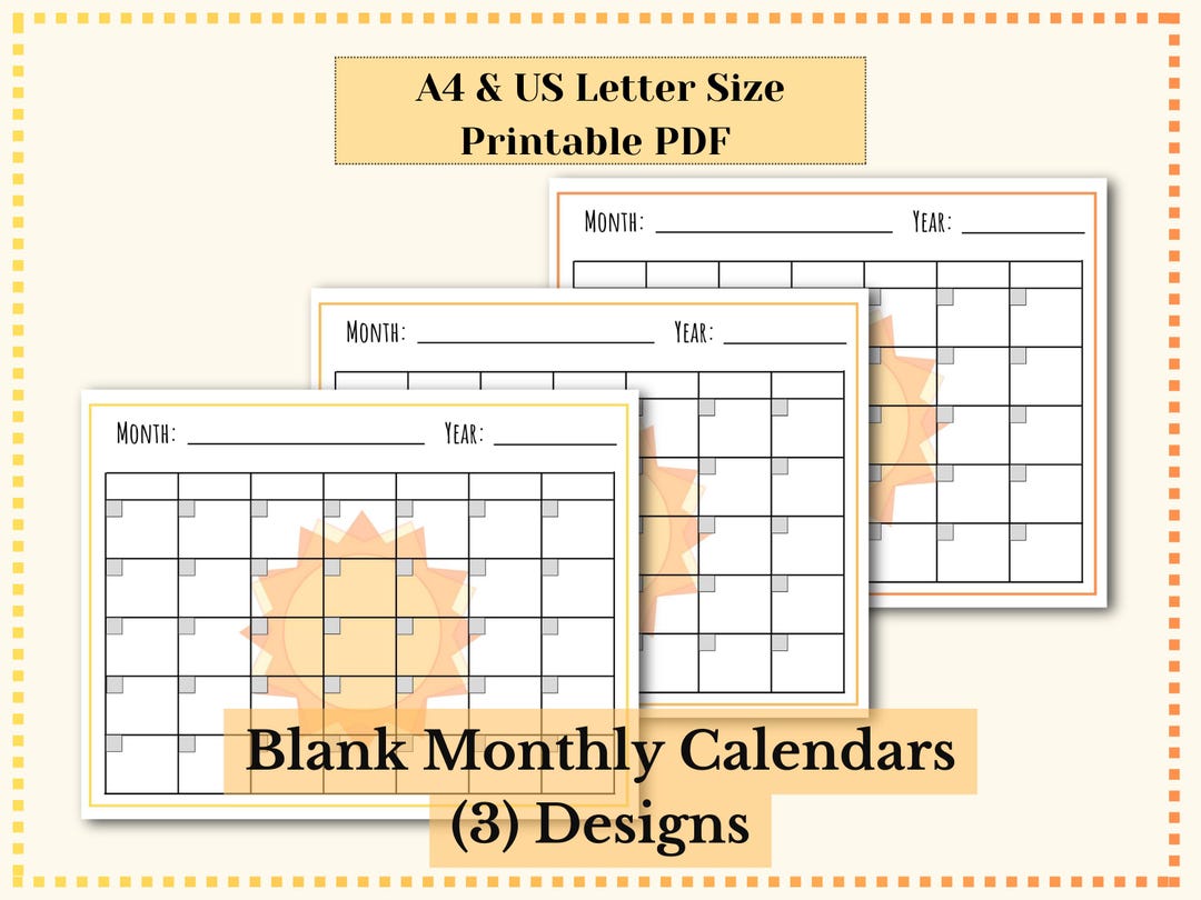 Sunshine Monthly Calendar Printable, Unlined Planner (PDF) - Etsy