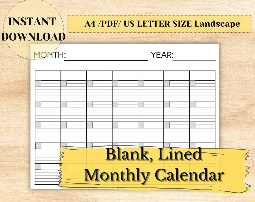 Blank Lined Calendar / Monthly Printable Page / Minimalist Planner ...