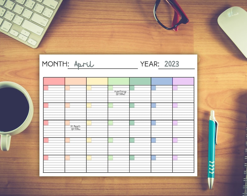 Rainbow Lined Monthly Calendar Printable (A3 A4 A5 & US Letter) - Etsy