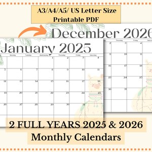 Calendrier 2025 animal à imprimer, festif 2026, floral, écologique, calendrier paysager à imprimer mural, PDF format lettre A3 A4 A5