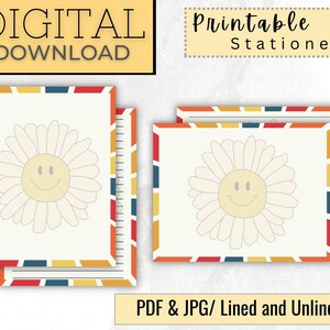 Papelería imprimible con margaritas hippies, páginas de diario con flores retro, papel de escritura digital de los años 70, descarga instantánea, tamaño carta de EE. UU. de 8,5 x 11