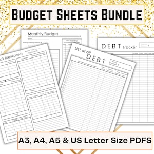 May include: A printable budget sheet bundle in black and white. The bundle includes a monthly budget sheet, a paycheck breakdown sheet, a debt tracker sheet, and a list of all debt sheet. The sheets are available in A3, A4, A5, and US letter sizes.