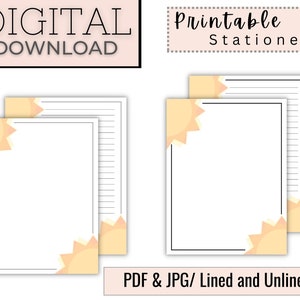Puede incluir: Papelería imprimible con un diseño de sol en naranja y amarillo. La papelería está disponible en versiones con líneas y sin líneas. El texto "Papelería imprimible" se muestra en un cuadro rosa con un borde punteado gris. El texto "Descarga digital" se muestra en un cuadro rosa con un borde punteado gris.