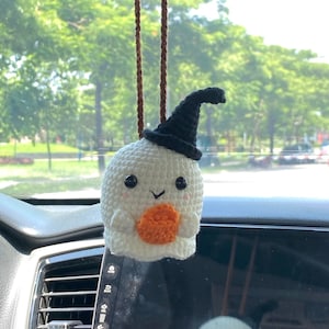 Crochet Cute Ghost Holding Pumpkin Bag Car Charm, Crochet Ghost Car Accessory, Fall Halloween Car Ornament Decor, Car Pendant Hanging