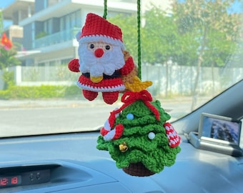 Crochet Christmas Tree and Santa Car Charm, Cute Christmas Tree