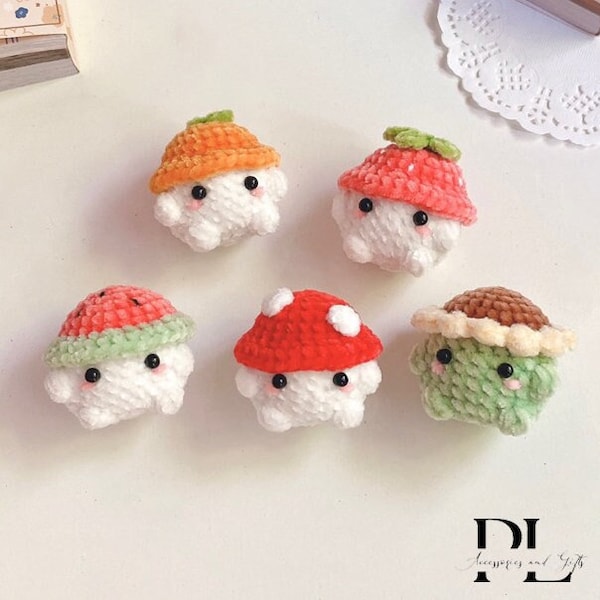 Crochet Cute Themed Fruit Mushroom Chunky Keychain, Amigurumi Mini Chonky, Crochet Mushroom Boi Stuffed Push Plushie, Desk Pet, Stress Ball