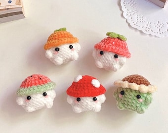 Crochet Cute Themed Fruit Mushroom Chunky Keychain, Amigurumi Mini Chonky, Crochet Mushroom Boi Stuffed Plush Plushie, Desk Pet, Stress Ball