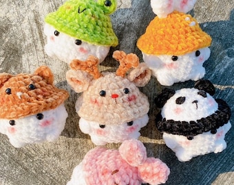 Handmade Crochet Amigurumi Mini Chunky With Bucket Hats Keychain, Crochet Mushroom Boi Stuffed Plush Plushie, Desk Pet, Stress Ball
