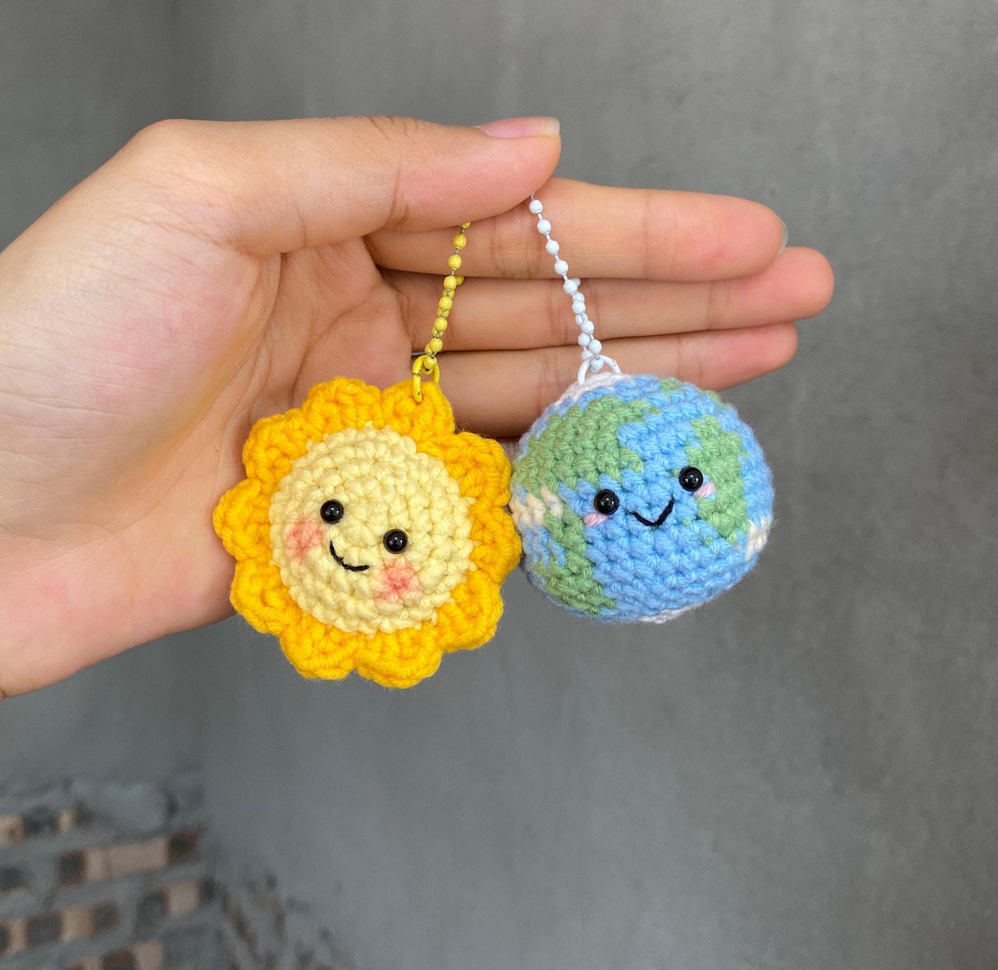 Crochet Earth and Sun Keychain, Sun and Earth Amigurumi, Mini