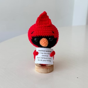 Puede incluir: Figura de cardenal rojo tejido a mano, con detalles negros y pico naranja. Sostiene un cartel con el texto "Positive Cardinal, I may be a tiny cardinal but I believe in you. Go do your thing!". Montado sobre una base de madera.