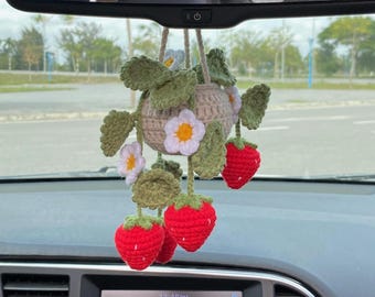 Crochet Straberry Plant Car Mirror Hanging, Plant Lover Decor, House Plant Decor, Crochet Strawerry Basket, Car Accessories For Women