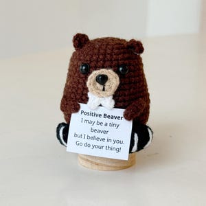 May include: A handmade brown crocheted beaver figurine with black eyes, a beige nose, and a white bow tie. The beaver holds a sign that reads "Positive Beaver, I may be a tiny beaver but I believe in you. Go do your thing!"