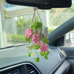 Crochet Hanging Basket Flower Plant Car Ornament For Rearview Mirror Decor Interior, Cute Car Accessories, Plant Lovers Gift For Women