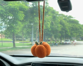 Crochet Pumpkin Fall Car Rear View Mirror Accessory, Amigurumi Pumpkin Car Charm, Halloween Fall Car Accessories, Fall Car Cute Decor