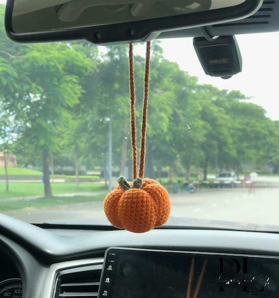Crochet Pumpkin Fall Car Rear View Mirror Accessory, Amigurumi