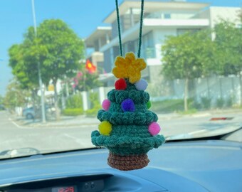 Handmade Crochet Christmas Tree Car Ornament - Hangs From Rearview Mirror With Bell & Bow - View #10