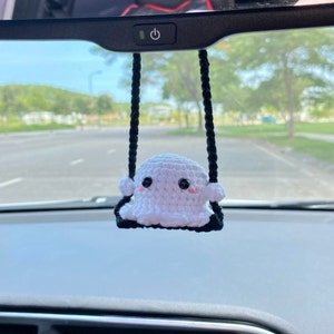 Crochet Ghost On A Swing Car Charm Spooky, Cute Ghost Swinging Rear View Mirror Ornament, Fall Halloween Car Accessories Halloween Car Decor