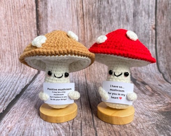 Funny Positive Mushroom, Knitted Mushroom Toy with Positive Card, Cute Wool Inspirational Mushroom Crochet Vegetable Doll Cheer Up Gifts