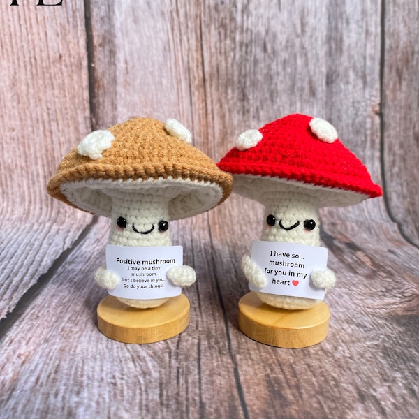 Funny Positive Mushroom, Knitted Mushroom Toy with Positive Card, Cute Wool Inspirational Mushroom Crochet Vegetable Doll Cheer Up Gifts