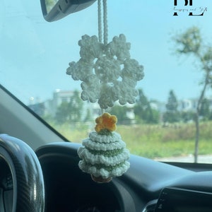 Crochet Christmas Tree And Snowflake Car Charm, Cute  Christmas Tree Snowflake Rear View Mirror Ornament, Christmas Car Decor