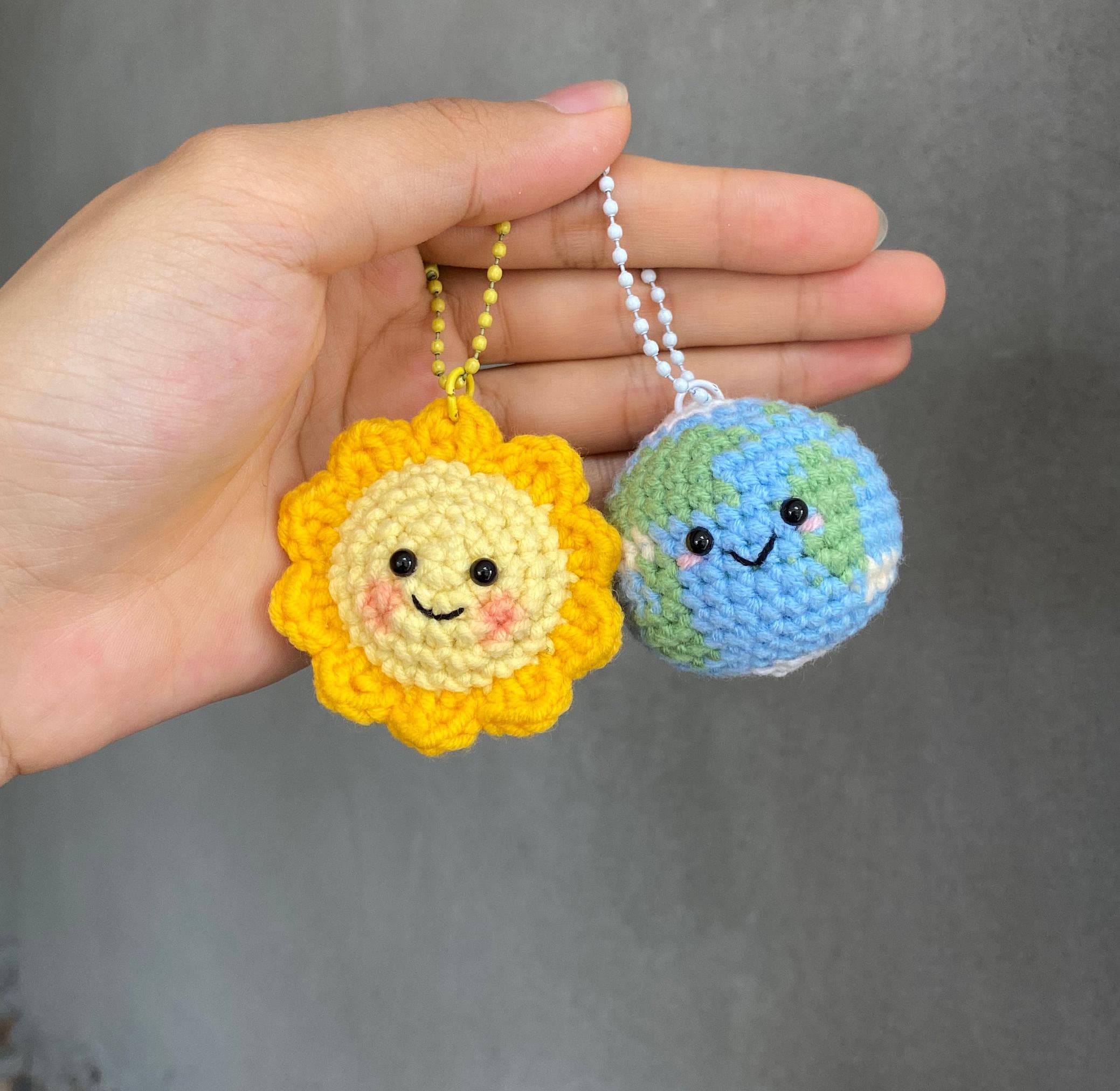 Crochet Earth and Sun Keychain, Sun and Earth Amigurumi, Mini