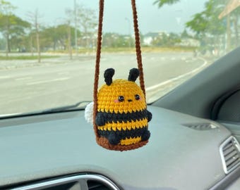 Cute Swinging Bee Car Mirror Hanging Accessories, Crochet Bee Ornaments, New Car Gift Idea, Gift For Him Her, Car Decorations, Car Charm