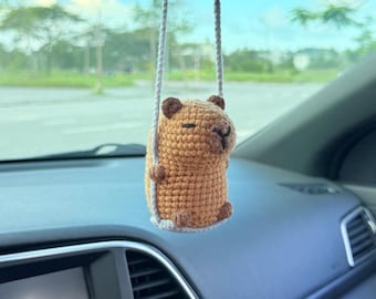 Cute Swinging Capybara Car Mirror Hanging Accessories, Crochet Capybara Ornaments, New Car Gift, Gift For Her, Car Decorations, Car Charm